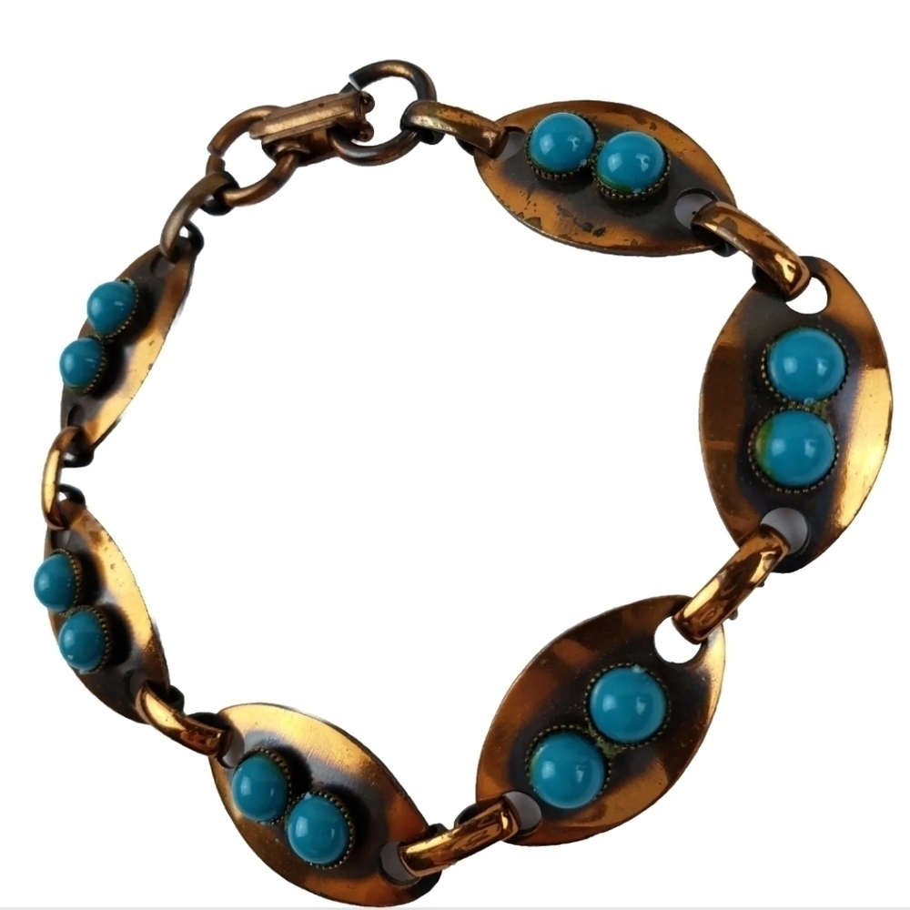 Vintage Bracelet Copper Turquoise Glass Cabs Boho 1970s 1960s Cowgirl Hippie Art
